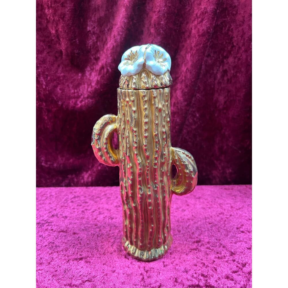 Vintage Home Decor - Lidded Ceramic Container - Gold Saguaro Cactus - Arizona